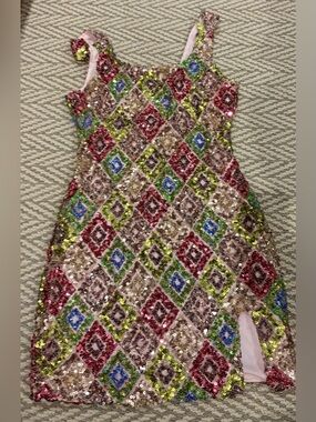 Sequin Diamond Pattern Party Dress - Pink with Multicolor Accents